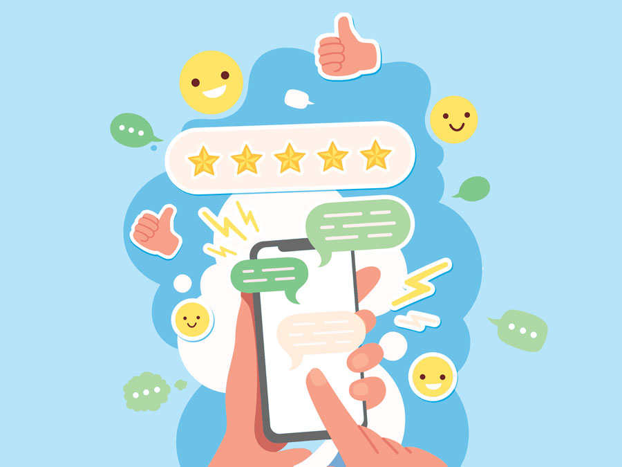 customer service on social media hand using social media on mobile leaving positive reviews