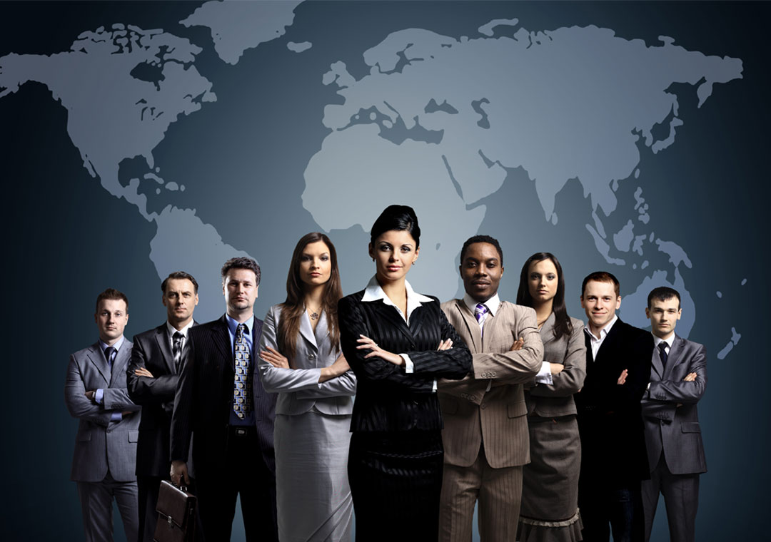 multilingual call center agents standing by world map