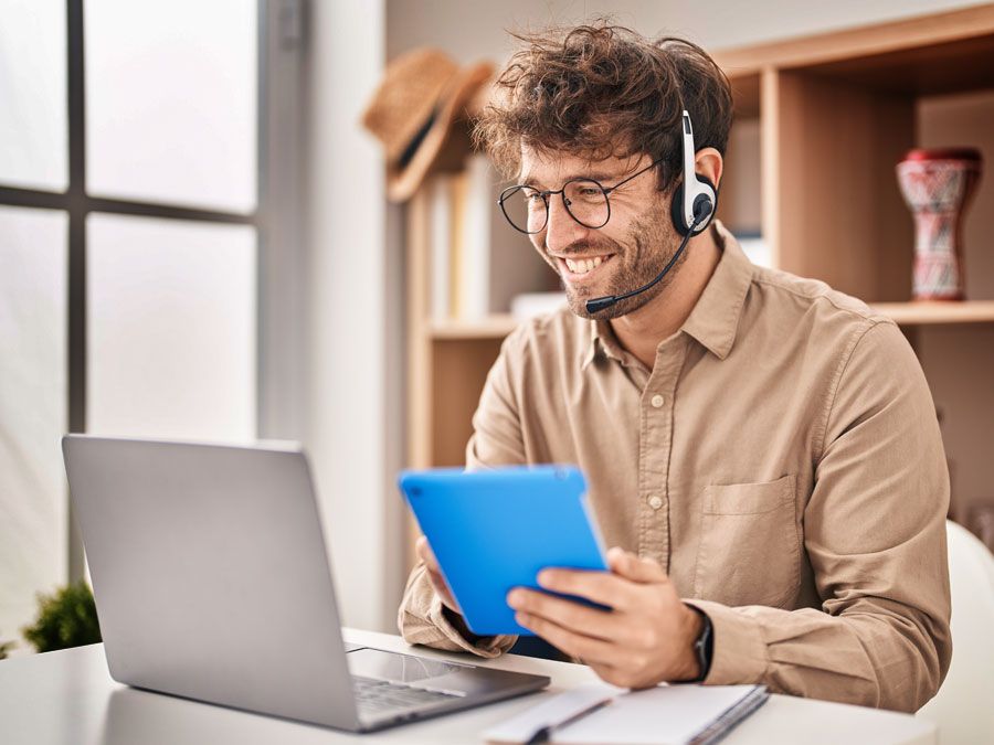 excellent customer service language depiction customer experience agent in call center using tablet laptop