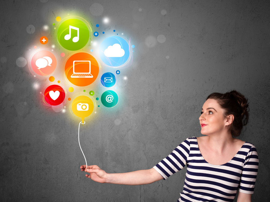 user generated content platform depiction woman holding balloon of social media icons