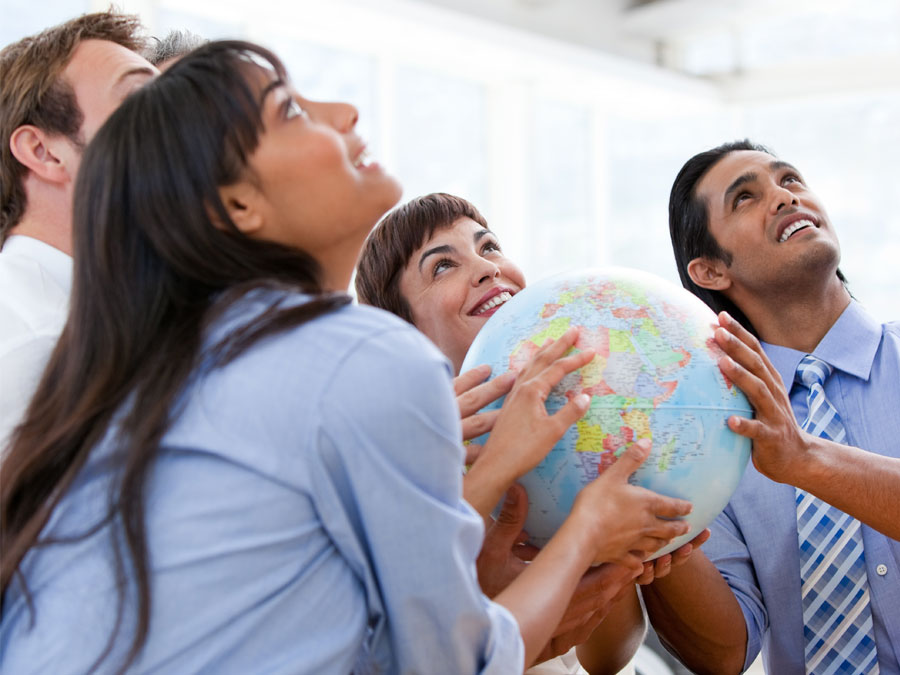 multilingual call centers executives leaders with globe looking up