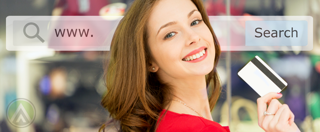 woman-in-red-waving-credit-card-with-search-box-in-back-depicting-online-shopping-ecommerce
