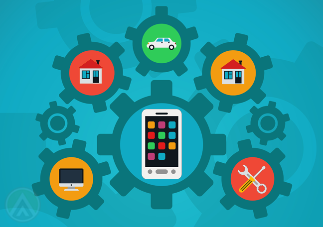 cogs-with-smartphone-home-computer-car-icons