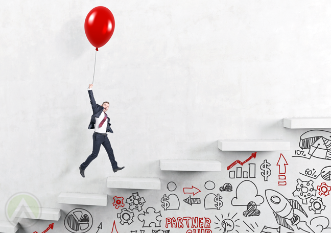 businessman-carried-by-red-balloon-over-stairs