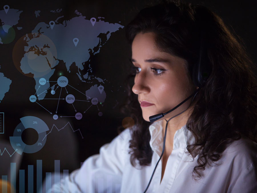 busy call center agent working with database