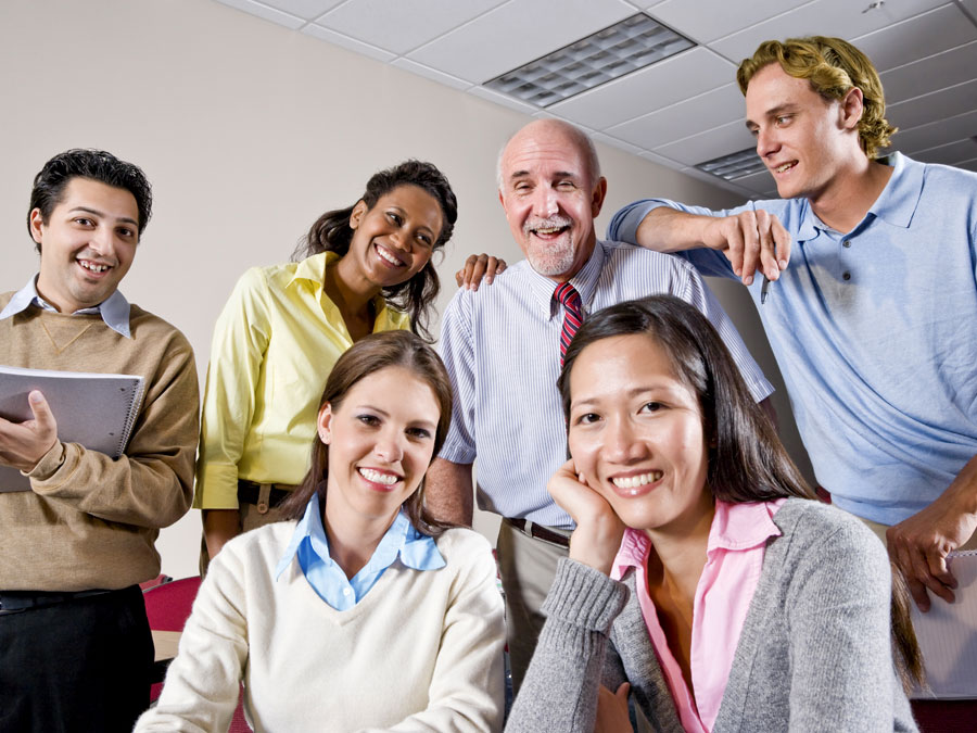 call center coworkers in fun conversation