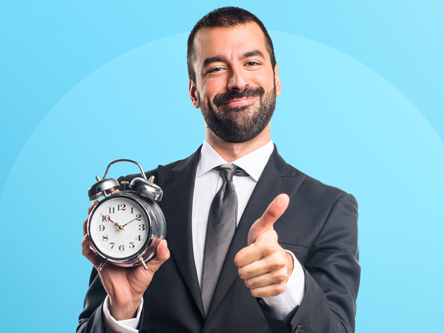 happy business executive customer service call center alarm clock thumbs up