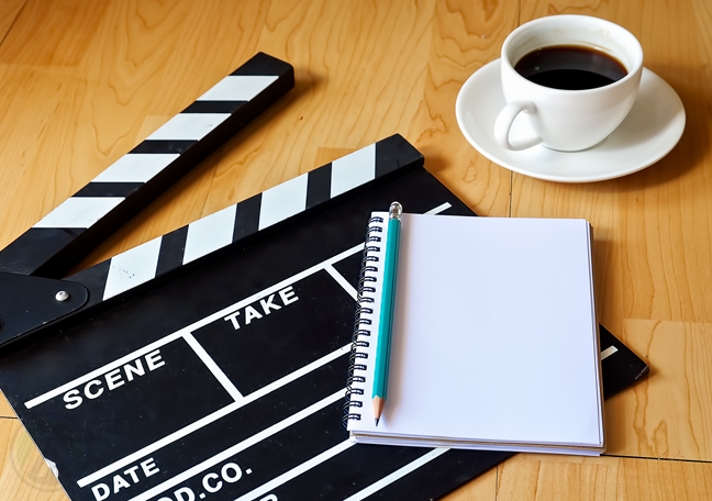 movie-clapper-on-the-floor-with-pen-and-notebook-and-coffee