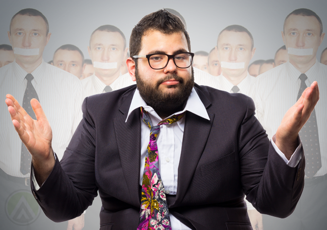 bored-bearded-businessman-surrounded-by-employees-with-taped-mouths