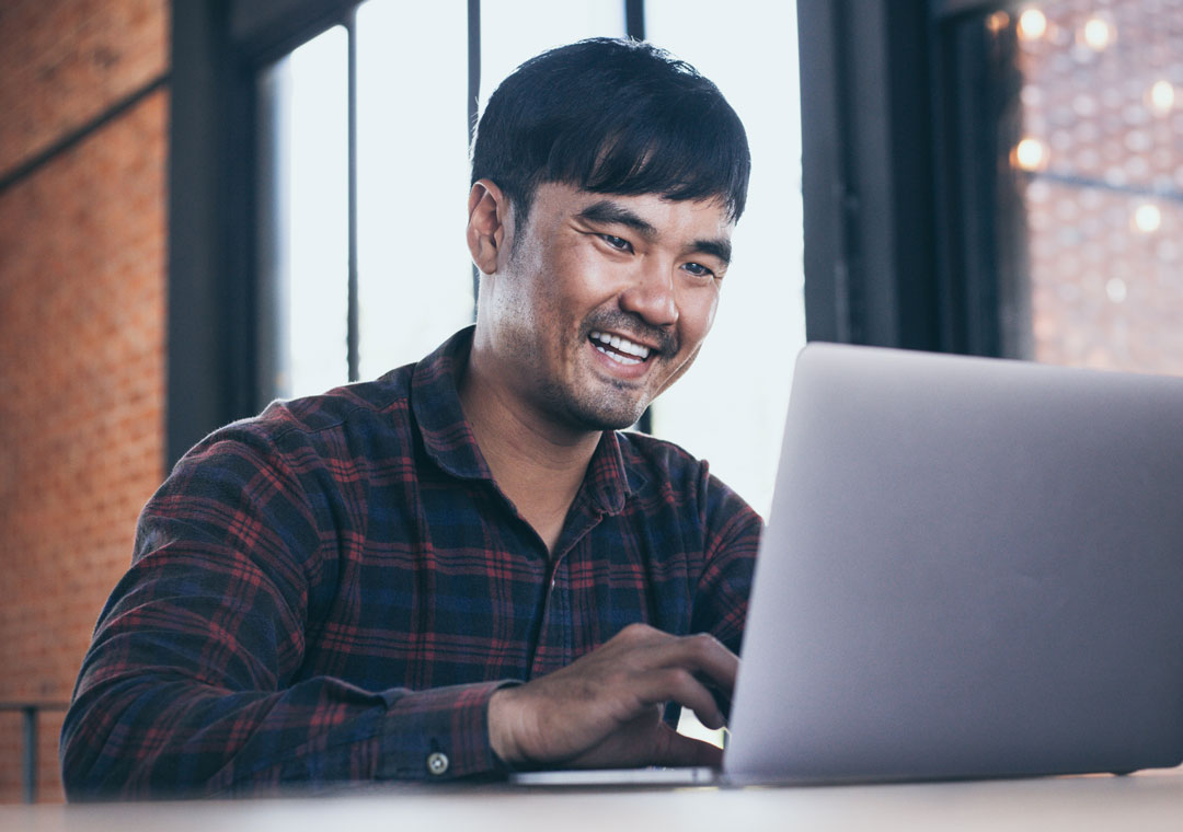smiling consumer satisfied happy with branded customer experience self-service
