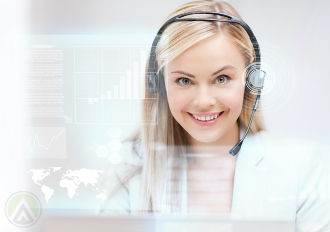 delighted call center agent with global map software virtual interface