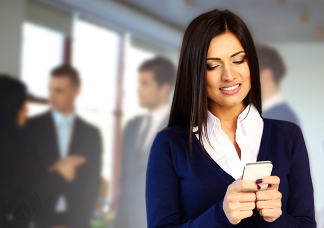 woman in business networking responding to message on smartphone