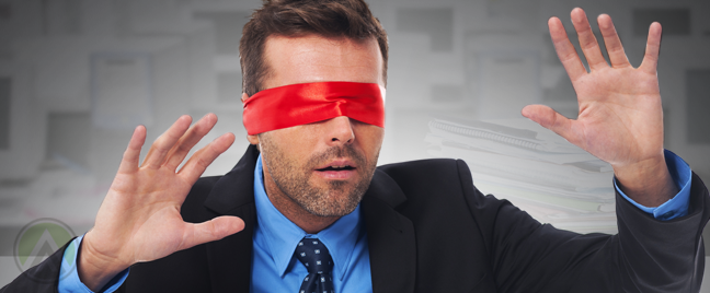 businessman in red blindfolds hands up 