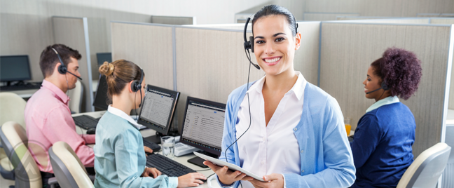 call center team holding tablet with customer service team