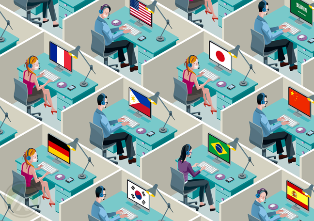 customer service agents in call center cubicles with different country flags on computer screens