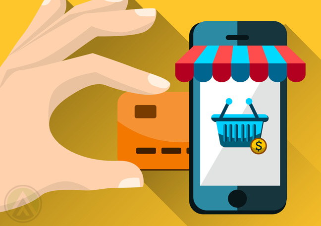 hand holding credit card to smartphone with shopping basket on screen