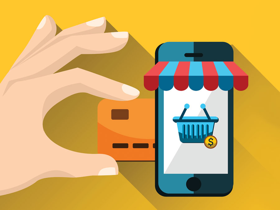 hand inserting credit card into smartphone showing ecommerce