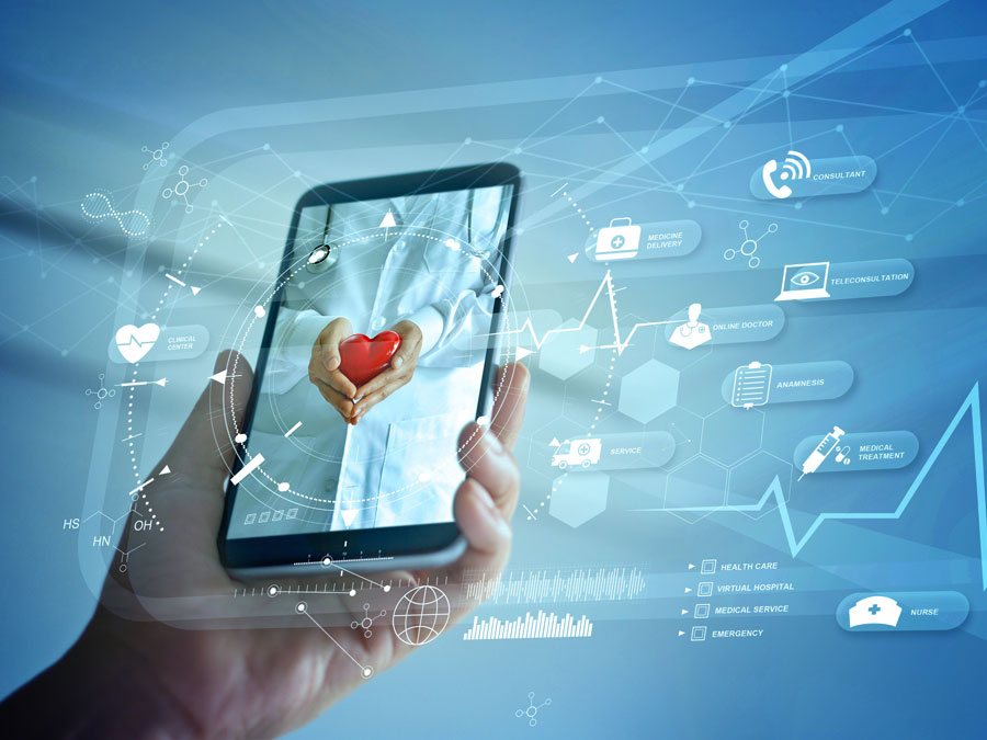 multilingual call center for healthcare providers organizations depiction hand holding phone with heart medical statistics