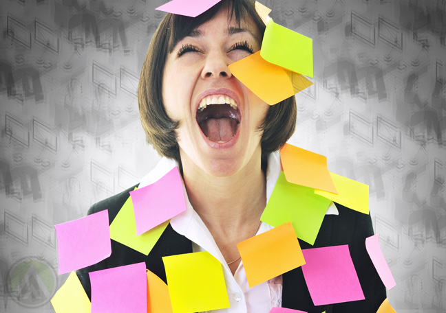 screaming businesswoman covered in post it notes