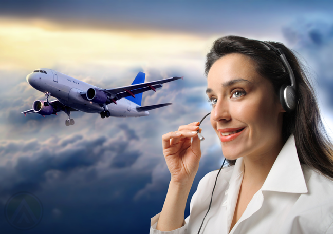 smiling customer service representative with blue sky airplane in background