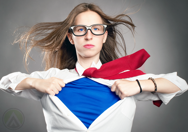 superhero businesswoman ripping shirt open