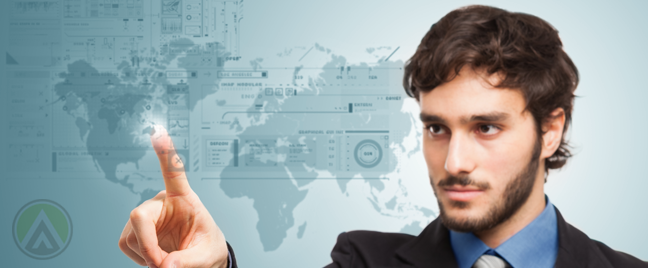 business man in international banking pointing to world map