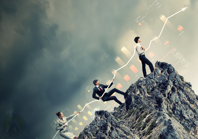 business people climbing up a steep cliff dark storm clouds in background