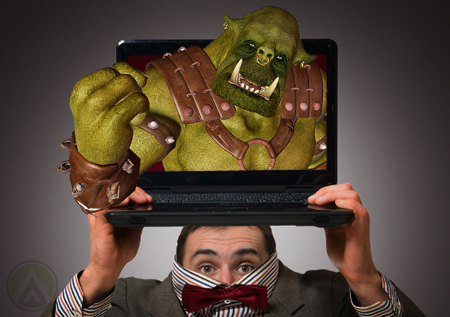 businessman bow tie hiding carrying laptop with angry troll