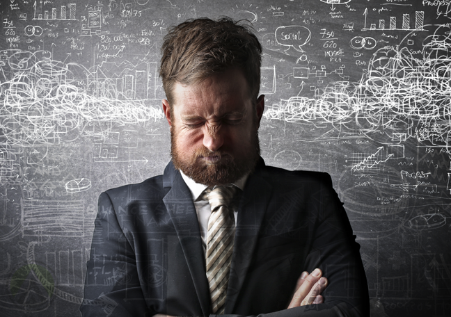 businessman holding breath surrounded by numbers calculations statistics