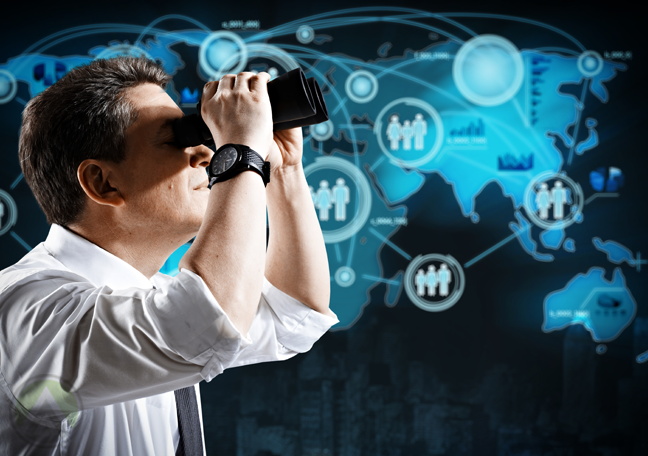 businessman looking through binoculars at world map