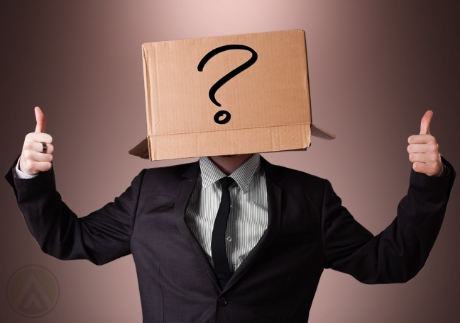 businessman with box on head with question mark
