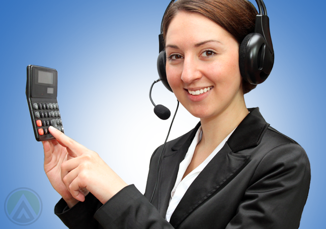 call center agent holding pointing to table calculator