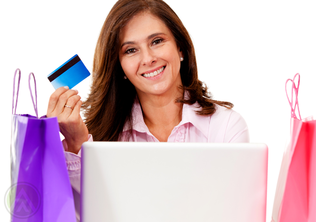 grinning woman with shopping bags