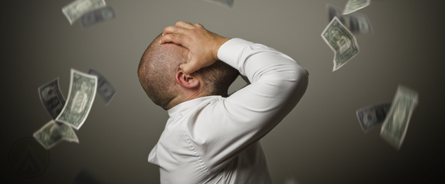 money falling around problematic bald businessman