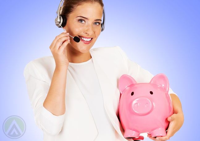 smiling call center representative carrying pink piggybank