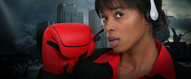 young call center agent wearing boxing gloves post apocalyptic city in back