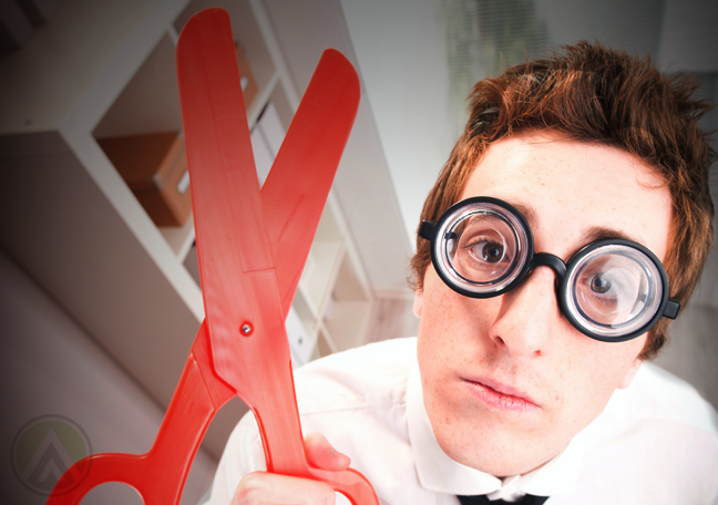 bespestacles office employee holding out giant scissor