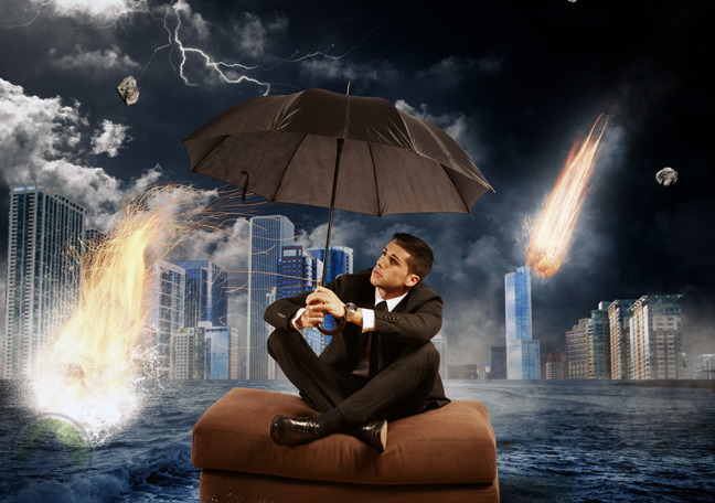 businessman sitting on chair floating in flooded street with meteors