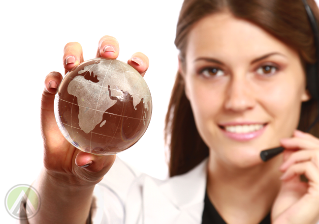 call center agent holding up glass globe