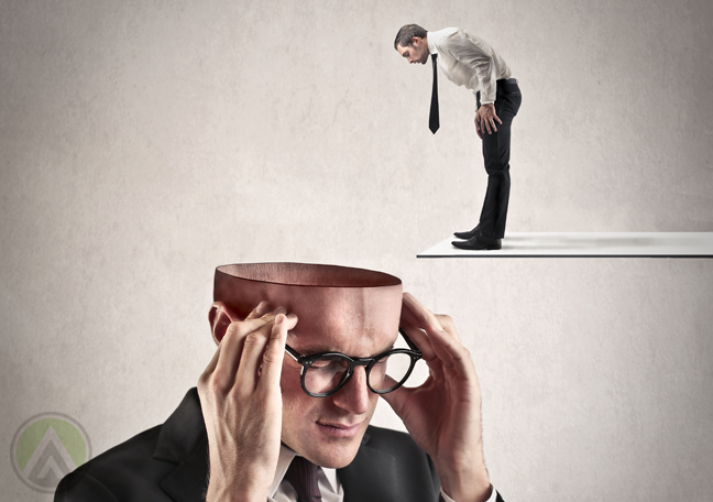 tiny businessman looking into executive empty brainless head