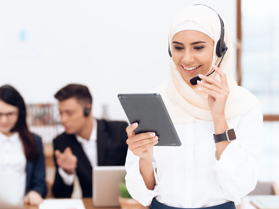 diverse multichannel customer service agent using tablet