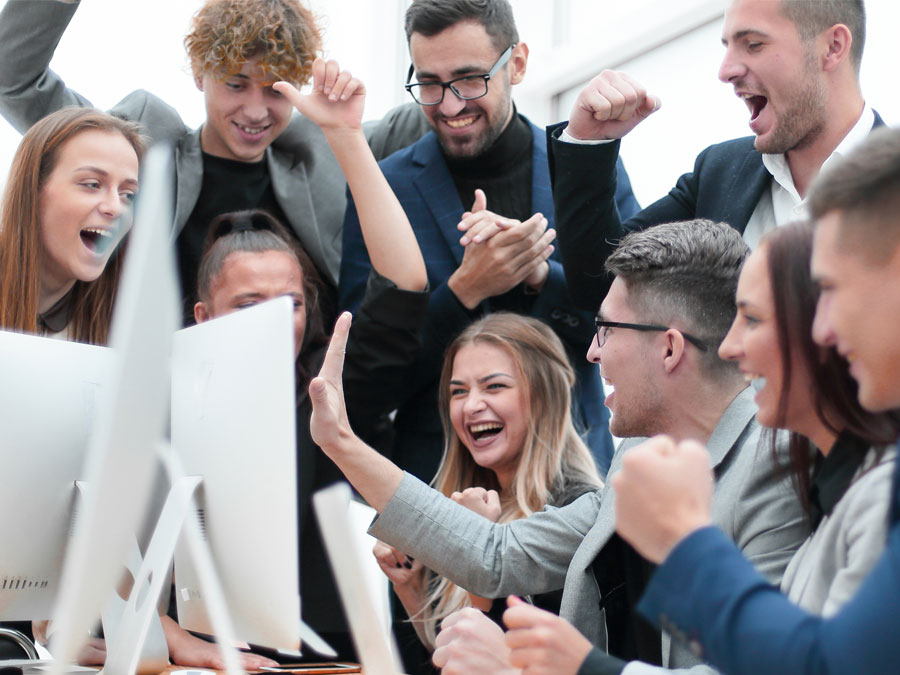 fun organization culture excited customer service call center agents celebrating with team leader