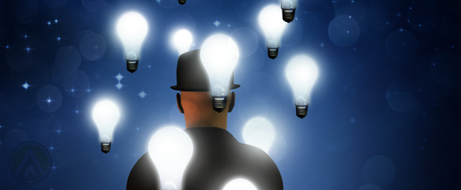 businessman back turned floating light bulbs