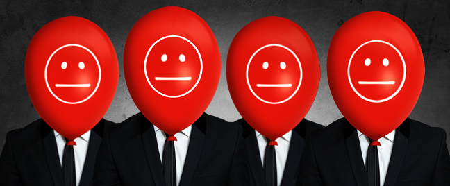 businessmen with red balloon smileys covering face