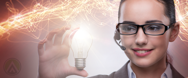 female call center agent holding glowing light bulb