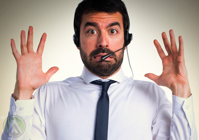 stunned call center worker hands in the air