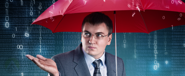 businessman under red umbrella during digital number rain