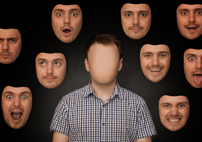 faceless man surrounded by faces on wall