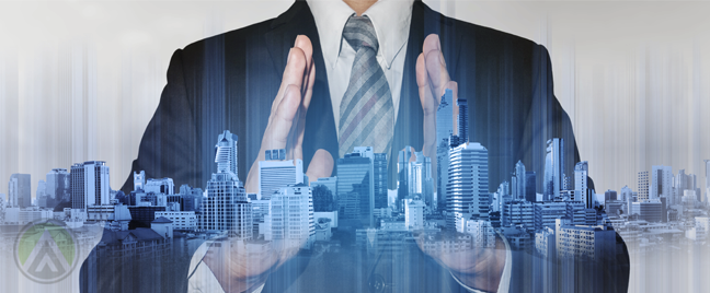 businessman holding urban cityscape buildings skyscrapers