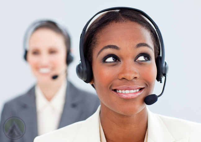 smiling call center agent looking up